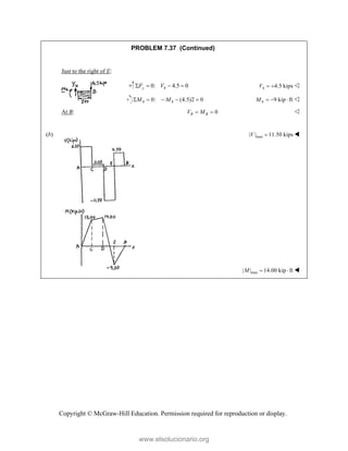 Copyright © McGraw-Hill Education. Permission required for reproduction or display.
PROBLEM 7.37 (Continued)
Just to the right of E:
4
0: 4.5 0
y
F V
    4 4.5 kips
V   
4 4
0: (4.5)2 0
M M
     4 9 kip ft
M    
At B: 0
B B
V M
  
(b) max
| | 11.50 kips
V  
max
| | 14.00 kip ft
M   
www.elsolucionario.org
 