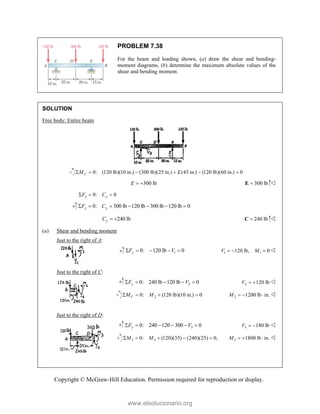 Copyright © McGraw-Hill Education. Permission required for reproduction or display.
PROBLEM 7.38
For the beam and loading shown, (a) draw the shear and bending-
moment diagrams, (b) determine the maximum absolute values of the
shear and bending moment.
SOLUTION
Free body: Entire beam
0: (120 lb)(10 in.) (300 lb)(25 in.) (45 in.) (120 lb)(60 in.) 0
C
M E
     
300 lb
E   300 lb

E 
0: 0
x x
F C
  
0: 300 lb 120 lb 300 lb 120 lb 0
y y
F C
      
240 lb
y
C   240 lb

C 
(a) Shear and bending moment
Just to the right of A:
1
0: 120 lb 0
y
F V
     1 1
120 lb, 0
V M
   
Just to the right of C:
2
0: 240 lb 120 lb 0
y
F V
     2 120 lb
V   
2
0: (120 lb)(10 in.) 0
C
M M
    2 1200 lb in.
M    
Just to the right of D:
3
0: 240 120 300 0
y
F V
      3 180 lb
V   
3 3
0: (120)(35) (240)(25) 0,
M M
     3 1800 lb in.
M    
www.elsolucionario.org
 
