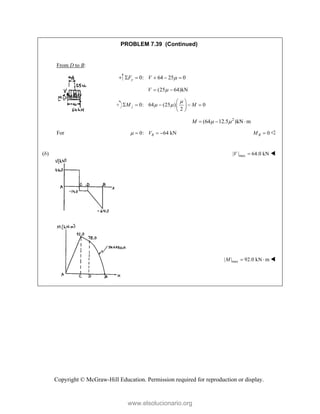 Copyright © McGraw-Hill Education. Permission required for reproduction or display.
PROBLEM 7.39 (Continued)
From D to B:
0: 64 25 0
y
F V 
    
(25 64)kN
V 
 
0: 64 (25 ) 0
2
j
M M

 
 
    
 
 
2
(64 12.5 )kN m
M  
  
For 0: 64 kN
B
V
    0
B
M  
(b) max
| | 64.0 kN
V  
max
| | 92.0 kN m
M   
www.elsolucionario.org
 