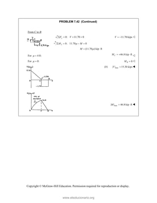 Copyright © McGraw-Hill Education. Permission required for reproduction or display.
PROBLEM 7.42 (Continued)
From C to B:
0: 11.70 0
y
F V
    11.70 kips
V   
0: 11.70 0
J
M M

   
(11.70 ) kip ft
M 
 
For 4 ft:
  46.8 kip ft
C
M    
For 0:
  0
B
M  
(b) max
| | 15.30 kips
V  






max
| | 46.8 kip ft
M   
www.elsolucionario.org
 