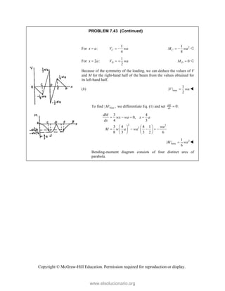 Copyright © McGraw-Hill Education. Permission required for reproduction or display.
PROBLEM 7.43 (Continued)
For :
x a

1
4
C
V wa
  2
1
8
C
M wa
  
For 2 :
x a

1
2
D
V wa
  0
D
M  
Because of the symmetry of the loading, we can deduce the values of V
and M for the right-hand half of the beam from the values obtained for
its left-hand half.
(b) max
1
| |
2
V wa
 
To find max
| | ,
M we differentiate Eq. (1) and set 0:
dM
dx

2 2
2
3 4
0,
4 3
3 4 4 1
8 3 3 2 6
dM
wx wa x a
dx
wa
M w a wa
   
   
    
   
   
2
max
1
| |
6
M wa
 
Bending-moment diagram consists of four distinct arcs of
parabola.
www.elsolucionario.org
 
