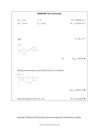 Copyright © McGraw-Hill Education. Permission required for reproduction or display.
PROBLEM 7.48 (Continued)
For 3 m:
x  0,
V  9.00 kN m
M    
For 4.5 m:
x  6 kN,
D
V   4.50 kN m
D
M    
At B: 0
B B
V M
  
(b) max
| | 6.00 kN
V  



Bending-moment diagram consists of three distinct arcs of parabola.
max
| | 9.00 kN m
M   
Since entire diagram is below the x axis: 0
M  everywhere 
www.elsolucionario.org
 