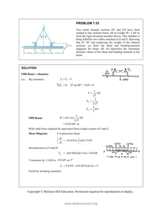 Copyright © McGraw-Hill Education. Permission required for reproduction or display.
PROBLEM 7.53
Two small channel sections DF and EH have been
welded to the uniform beam AB of weight W 3 kN to
form the rigid structural member shown. This member is
being lifted by two cables attached at D and E. Knowing
that  30 and neglecting the weight of the channel
sections, (a) draw the shear and bending-moment
diagrams for beam AB, (b) determine the maximum
absolute values of the shear and bending moment in the
beam.
SOLUTION
FBD Beam  channels:
(a) By symmetry: 1 2
T T T
 
0: 2 sin 60 3 kN 0
y
F T
    
1
1
3
kN
3
3
2 3
3
kN
2
x
y
T
T
T



FBD Beam:
3
(0.5 m) kN
2 3
0.433 kN m
M 
 
With cable force replaced by equivalent force-couple system at F and G
Shear Diagram: V is piecewise linear
0.6 kN/m with 1.5 kN
dV
dx
 
 
 
 
discontinuities at F and H.
(0.6 kN/m)(1.5 m) 0.9 kN
F
V    
V increases by 1.5 kN to 0.6 kN
 at F
0.6 kN (0.6 kN/m)(1 m) 0
G
V   
Finish by invoking symmetry
www.elsolucionario.org
 