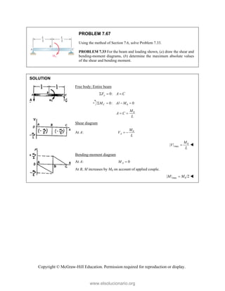 Copyright © McGraw-Hill Education. Permission required for reproduction or display.
PROBLEM 7.67
Using the method of Section 7.6, solve Problem 7.33.
PROBLEM 7.33 For the beam and loading shown, (a) draw the shear and
bending-moment diagrams, (b) determine the maximum absolute values
of the shear and bending moment.
SOLUTION
Free body: Entire beam
0:
y
F A C
  
0
0: 0
C
M Al M
   
0
M
A C
L
 
Shear diagram
At A: 0
A
M
V
L
 
0
max
| |
M
V
L
 
Bending-moment diagram
At A: 0
A
M 
At B, M increases by M0 on account of applied couple.
max 0
| | /2
M M
 
www.elsolucionario.org
 