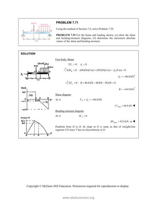 Copyright © McGraw-Hill Education. Permission required for reproduction or display.
PROBLEM 7.71
Using the method of Section 7.6, solve Problem 7.39.
PROBLEM 7.39 For the beam and loading shown, (a) draw the shear
and bending-moment diagrams, (b) determine the maximum absolute
values of the shear and bending moment.
SOLUTION
Free body: Beam
0: 0
x x
F A
  
0: (60 kN)(3 m) (50 kN)(1m) (5 m) 0
B y
M A
    
46.0 kN
y
A  
0: 46.0 kN 60 kN 50 kN 0
y
F B
     
64.0 kN
B  
Shear diagram
At A: 46.0 kN
A y
V A
  
max
| | 64.0 kN

V 
Bending-moment diagram
At A: 0
A
M 
max
| | 92.0 kN m
M   
Parabola from D to B. Its slope at D is same as that of straight-line
segment CD since V has no discontinuity at D.
www.elsolucionario.org
 