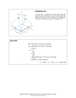 PROBLEM 2.85
A frame ABC is supported in part by cable DBE that
passes through a frictionless ring at B. Knowing that the
tension in the cable is 385 N, determine the components
of the force exerted by the cable on the support at D.
SOLUTION
2 2 2
(480 mm) (510 mm) (320 mm)
(480 mm) (510 mm ) (320 mm)
770 mm
385 N
[(480 mm) (510 mm) (320 mm) ]
770 mm
(240 N) (255 N) (160 N)
DB
DB
DB
F
DB
F
DB
= − +
= + +
=
=
=
= − +
= − +
i j k
F λ
i j k
i j k
JJJ
G
JJJ
G
240 N, 255 N, 160.0 N
x y z
F F F
= + = − = +
Copyright © McGraw-Hill Education. Permission required for reproduction or display.
www.elsolucionario.org
 
