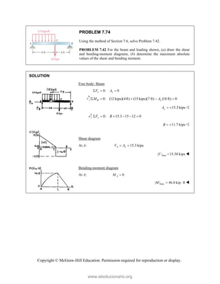 Copyright © McGraw-Hill Education. Permission required for reproduction or display.
PROBLEM 7.74
Using the method of Section 7.6, solve Problem 7.42.
PROBLEM 7.42 For the beam and loading shown, (a) draw the shear
and bending-moment diagrams, (b) determine the maximum absolute
values of the shear and bending moment.
SOLUTION
Free body: Beam
0: 0
x x
F A
  
0: (12 kips)(4ft) (15 kips)(7 ft) (10 ft) 0
B y
M A
    
15.3 kips
y
A   
0: 15.3 15 12 0
y
F B
     
11.7 kips
B   
Shear diagram
At A: 15.3 kips
A y
V A
 
max
| | 15.30 kips

V 
Bending-moment diagram
At A: 0
A
M 
max
| | 46.8 kip ft
M   
www.elsolucionario.org
 