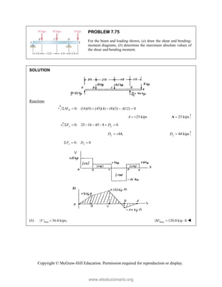 Copyright © McGraw-Hill Education. Permission required for reproduction or display.
PROBLEM 7.75
For the beam and loading shown, (a) draw the shear and bending-
moment diagrams, (b) determine the maximum absolute values of
the shear and bending moment.
SOLUTION
Reactions
0: (16)(9) (45)(4) (8)(3) (12) 0
D
M A
     
25 kips
A   25 kips

A
0: 25 16 45 8 0
y y
F D
      
44,
y
D   44 kips
y
D 
0: 0
x x
F D
  
(b) max
| | 36.0 kips;
V  max
| | 120.0 kip ft
M   
www.elsolucionario.org
 