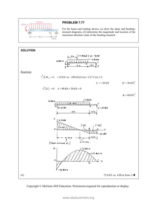 Copyright © McGraw-Hill Education. Permission required for reproduction or display.
PROBLEM 7.77
For the beam and loading shown, (a) draw the shear and bending-
moment diagrams, (b) determine the magnitude and location of the
maximum absolute value of the bending moment.
SOLUTION
Reactions
0: 45 kN m (90 kN)(3 m) (7.5 m) 0
A
M C
      
30 kN
C   30 kN

C
0: 90 kN 30 kN 0
y
F A
    
60 kN

A
(b) 75.0 kN m,
 4.00 m from A 
www.elsolucionario.org
 