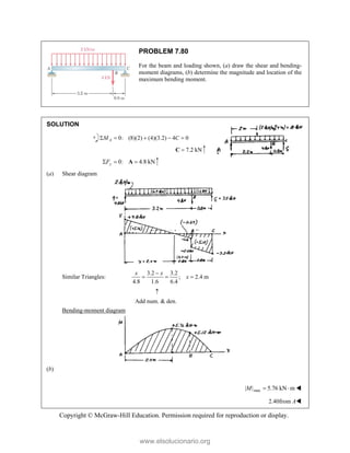 Copyright © McGraw-Hill Education. Permission required for reproduction or display.
PROBLEM 7.80
For the beam and loading shown, (a) draw the shear and bending-
moment diagrams, (b) determine the magnitude and location of the
maximum bending moment.
SOLUTION
0: (8)(2) (4)(3.2) 4 0
A
M C
    
7.2 kN

C
0: 4.8 kN
y
F
  
A
(a) Shear diagram
Similar Triangles:
3.2 3.2
; 2.4 m
4.8 1.6 6.4

  
x x
x
Add num. & den.

Bending-moment diagram
(b)
 max
| | 5.76 kN m
M   
2.40from A
www.elsolucionario.org
 
