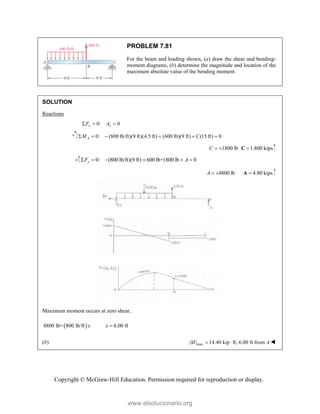 Copyright © McGraw-Hill Education. Permission required for reproduction or display.
PROBLEM 7.81
For the beam and loading shown, (a) draw the shear and bending-
moment diagrams, (b) determine the magnitude and location of the
maximum absolute value of the bending moment.
SOLUTION
Reactions
0: 0
x x
F A
  
0: (800 lb/ft)(9 ft)(4.5 ft) (600 lb)(9 ft) (15 ft) 0
A
M C
     
1800 lb
C   1.800 kips

C
0: (800 lb/ft)(9 ft) 600 lb+1800 lb 0
y
F A
     
4800 lb
A   4.80 kips

A
Maximum moment occurs at zero shear,
 
4800 lb= 800 lb/ft 6.00 ft
x x 
(b) max
| | 14.40 kip ft, 6.00 ft from
M A
  
www.elsolucionario.org
 