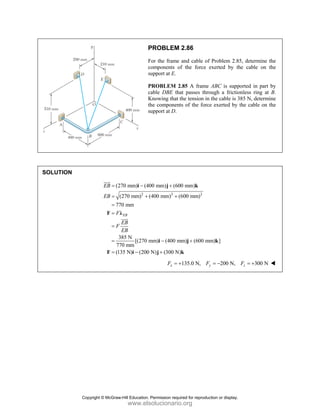 PROBLEM 2.86
For the frame and cable of Problem 2.85, determine the
components of the force exerted by the cable on the
support at E.
PROBLEM 2.85 A frame ABC is supported in part by
cable DBE that passes through a frictionless ring at B.
Knowing that the tension in the cable is 385 N, determine
the components of the force exerted by the cable on the
support at D.
SOLUTION
2 2 2
(270 mm) (400 mm) (600 mm)
(270 mm) (400 mm) (600 mm)
770 mm
385 N
[(270 mm) (400 mm) (600 mm) ]
770 mm
(135 N) (200 N) (300 N)
EB
EB
EB
F
EB
F
EB
= − +
= + +
=
=
=
= − +
= − +
i j k
F λ
i j k
F i j k
JJJ
G
JJJ
G
135.0 N, 200 N, 300 N
x y z
F F F
= + = − = +
Copyright © McGraw-Hill Education. Permission required for reproduction or display.
www.elsolucionario.org
 
