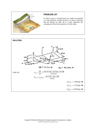 PROBLEM 2.87
In order to move a wrecked truck, two cables are attached
at A and pulled by winches B and C as shown. Knowing
that the tension in cable AB is 2 kips, determine the
components of the force exerted at A by the cable.
SOLUTION
Cable AB:
( 46.765 ft) (45 ft) (36 ft)
74.216 ft
46.765 45 36
74.216
AB
AB AB AB
AB
AB
T
− + +
= =
− + +
= =
i j k
λ
i j k
T λ
JJJ
G
( ) 1.260 kips
AB x
T = −
( ) 1.213 kips
AB y
T = +
( ) 0.970 kips
AB z
T = +
Copyright © McGraw-Hill Education. Permission required for reproduction or display.
www.elsolucionario.org
 