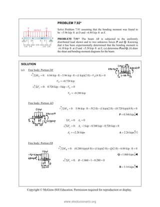 Copyright © McGraw-Hill Education. Permission required for reproduction or display.
PROBLEM 7.92*
Solve Problem 7.91 assuming that the bending moment was found to
be 5.96 kip ft
  at D and 6.84 kip ft
  at E.
PROBLEM 7.91* The beam AB is subjected to the uniformly
distributed load shown and to two unknown forces P and Q. Knowing
that it has been experimentally determined that the bending moment is
6.10 kip ft
  at D and 5.50 kip ft
  at E, (a) determine Pand Q, (b) draw
the shear and bending-moment diagrams for the beam.
SOLUTION
(a) Free body: Portion DE
0: 6.84 kip ft 5.96 kip ft (1 kip)(2 ft) (4 ft) 0
E D
M V
       
0.720 kip
D
V  
0: 0.720 kip 1kip 0
y E
F V
    
0.280 kip
E
V  
Free body: Portion AD
0: 5.96 kip ft (2 ft) (1 kip)(2 ft) (0.720 kip)(4 ft) 0
A
M P
      
0.540 kip

P 
0: 0
x x
F A
  
0: 1 kip 0.540 kip 0.720 kip 0
y y
F A
     
2.26 kips
y
A   2.26 kips

A 
Free body: Portion EB
0: (0.280 kip)(4 ft) (1 kip)(2 ft) (2 ft) 6.84 kip ft 0
B
M Q
      
1.860 kips

Q 
0: 1.860 1 0.280 0
y
F B
     
3.14 kips

B 
www.elsolucionario.org
 