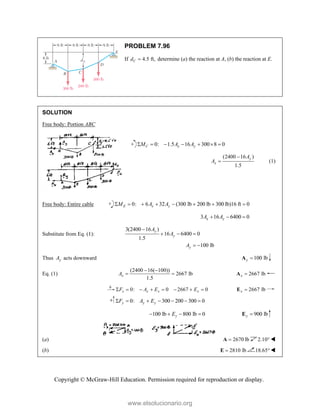 Copyright © McGraw-Hill Education. Permission required for reproduction or display.
PROBLEM 7.96
If 4.5 ft,
C
d  determine (a) the reaction at A, (b) the reaction at E.
SOLUTION
Free body: Portion ABC
0: 1.5 16 300 8 0
C x y
M A A
      
(2400 16 )
1.5
y
x
A
A

 (1)
Free body: Entire cable 0: 6 32 (300 lb 200 lb 300 lb)16 ft 0
E x y
M A A
       
3 16 6400 0
x y
A A
  
Substitute from Eq. (1):
3(2400 16 )
16 6400 0
1.5
100 lb

  
 
y
y
y
A
A
A
Thus y
A acts downward 100 lb
y 
A
Eq. (1)
(2400 16( 100))
2667 lb
1.5
x
A
 
  2667 lb
x 
A
0: 0 2667 0
x x x x
F A E E
        2667 lb
x 
E
0: 300 200 300 0
y y y
F A E
      
100 lb 800 lb 0
y
E
    900 lb
y 
E
(a) 2670 lb

A 2.10 
(b) 2810 lb

E 18.65
www.elsolucionario.org
 