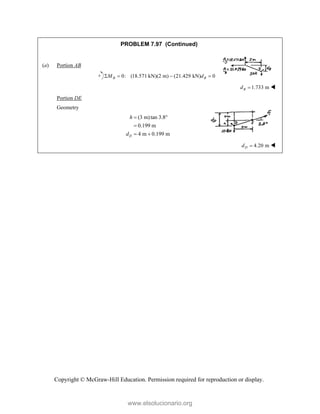 Copyright © McGraw-Hill Education. Permission required for reproduction or display.
PROBLEM 7.97 (Continued)
(a) Portion AB
0: (18.571 kN)(2 m) (21.429 kN) 0
B B
M d
   
1.733 m
B
d  
Portion DE
Geometry
(3 m)tan 3.8°
0.199 m
4 m 0.199 m
D
h
d


 
 4.20 m
D
d  
www.elsolucionario.org
 