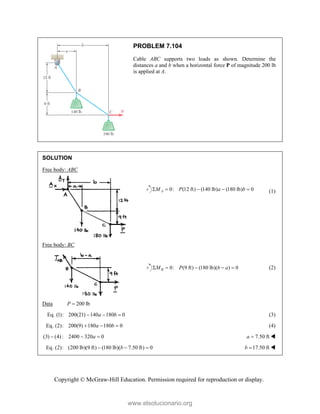 Copyright © McGraw-Hill Education. Permission required for reproduction or display.
PROBLEM 7.104
Cable ABC supports two loads as shown. Determine the
distances a and b when a horizontal force P of magnitude 200 lb
is applied at A.
SOLUTION
Free body: ABC
0: (12 ft) (140 lb) (180 lb) 0
A
M P a b
     (1)
Free body: BC
0: (9 ft) (180 lb)( ) 0
B
M P b a
     (2)
Data 200 lb
P 
Eq. (1): 200(21) 140 180 0
a b
   (3)
Eq. (2): 200(9) 180 180 0
a b
   (4)
(3) (4) : 2400 320 0
a
   7.50 ft
a  
Eq. (2): (200 lb)(9 ft) (180 lb)( 7.50 ft) 0
b
   17.50 ft
b  
www.elsolucionario.org
 