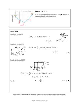 Copyright © McGraw-Hill Education. Permission required for reproduction or display.
PROBLEM 7.105
If a 3 m, determine the magnitudes of P and Q required to
maintain the cable in the shape shown.
SOLUTION
Free body: Portion DE
0: (4 m) (5 m) 0
D y x
M E E
   
5
4
y x
E E

Free body: Portion CDE
5
0: (8 m) (7 m) (2 m) 0
4
C x x
M E E P
    
2
3
x
E P
 (1)
Free body: Portion BCDE
5
0: (12 m) (5 m) (120 kN)(4 m) 0
4
B x x
M E E
    
10 480 0; 48 kN
x x
E E
  
Eq. (1):
2
48 kN
3
P
 72.0 kN
P  
www.elsolucionario.org
 