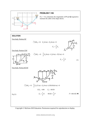 Copyright © McGraw-Hill Education. Permission required for reproduction or display.
PROBLEM 7.106
If a = 4 m, determine the magnitudes of P and Q required to
maintain the cable in the shape shown.
SOLUTION
Free body: Portion DE
0: (4 m) (6 m) 0
D y x
M E E
   
3
2
y x
E E

Free body: Portion CDE
3
0: (8 m) (8 m) (2 m) 0
2
C x x
M E E P
    
1
2
x
E P
 (1)
Free body: Portion BCDE
3
0: (12 m) (6 m) (120 kN)(4 m) 0
2
B x x
M E E
    
12 480 40 kN
x x
E E
 
Eq (1):
1 1
; 40 kN
2 2
x
E P P
  80.0 kN
P  
www.elsolucionario.org
 