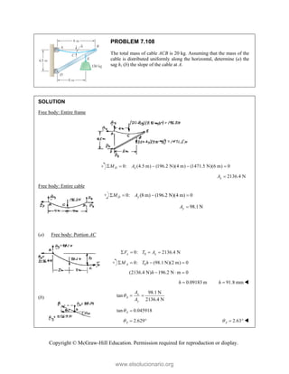 Copyright © McGraw-Hill Education. Permission required for reproduction or display.
PROBLEM 7.108
The total mass of cable ACB is 20 kg. Assuming that the mass of the
cable is distributed uniformly along the horizontal, determine (a) the
sag h, (b) the slope of the cable at A.
SOLUTION
Free body: Entire frame
0: (4.5 m) (196.2 N)(4 m) (1471.5 N)(6 m) 0
D x
M A
    
2136.4 N
x
A 
Free body: Entire cable
0: (8 m) (196.2 N)(4 m) 0
D y
M A
   
98.1 N
y
A 
(a) Free body: Portion AC
0
0: 2136.4 N
x x
F T A
   
0
0: (98.1 N)(2 m) 0
A
M T h
   
(2136.4 N) 196.2 N m 0
h   
0.09183 m
h  91.8 mm
h  
(b)
98.1 N
tan
2136.4 N
x
A
y
A
A
  
tan 0.045918
A
 
2.629
A
   2.63
A
   
www.elsolucionario.org
 