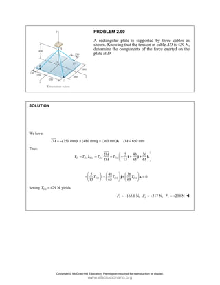 PROBLEM 2.90
A rectangular plate is supported by three cables as
shown. Knowing that the tension in cable AD is 429 N,
determine the components of the force exerted on the
plate at D.
SOLUTION
We have:
(250 mm) (480 mm) (360 mm) 650 mm
DA DA
= − =
i + j+ k
JJJ
G
Thus:
5 48 36
F
13 65 65
D DA DA DA DA
DA
T T T
DA
⎛ ⎞
= = = −
⎜ ⎟
⎝ ⎠
λ i + j+ k
JJJ
G
5 48 36
0
13 65 65
DA DA DA
T T T
⎛ ⎞ ⎛ ⎞ ⎛ ⎞
− + + =
⎜ ⎟ ⎜ ⎟ ⎜ ⎟
⎝ ⎠ ⎝ ⎠ ⎝ ⎠
i j k
Setting 429 N
DA
T = yields,
165.0 N, 317 N, 238 N
x y z
F F F
= − = + = +
Copyright © McGraw-Hill Education. Permission required for reproduction or display.
www.elsolucionario.org
 