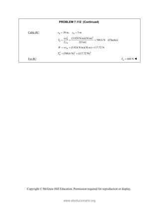 Copyright © McGraw-Hill Education. Permission required for reproduction or display.
PROBLEM 7.112 (Continued)
Cable BC: 30 m, 3 m
B B
x y
 
2 2
0
(3.924 N/m)(30 m)
588.6 N (Checks)
2 2(3 m)
B
B
wx
T
y
  
(3.924 N/m)(30 m) 117.72 N
B
W wx
  
2 2 2
(588.6 N) (117.72 N)
m
T  
For BC: 600 N
m
T  
www.elsolucionario.org
 