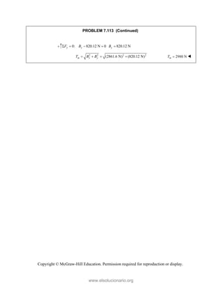 Copyright © McGraw-Hill Education. Permission required for reproduction or display.
PROBLEM 7.113 (Continued)
 0: 820.12 N 0 820.12 N
y y y
F B B
    
2 2 2 2
(2861.6 N) (820.12 N)
m x y
T B B
    2980 N
m
T  
www.elsolucionario.org
 