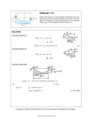 Copyright © McGraw-Hill Education. Permission required for reproduction or display.
PROBLEM 7.116
Cable ACB supports a load uniformly distributed along the
horizontal as shown. The lowest Point C is located 9 m to the
right of A. Determine (a) the vertical distance a, (b) the length
of the cable, (c) the components of the reaction at A.
SOLUTION
Free body: Portion AC
0: 9 0
y y
F A w
   
9
y w

A
0
0: (9 )(4.5 m) 0
A
M T a w
    (1)
Free body: Portion CB
0: 6 0
y y
F B w
   
6
y w

B
Free body: Entire cable
0
0: 15 (7.5 m) 6 (15 m) (2.25 m) 0
A
M w w T
    
(a) 0 10
T w

Eq. (1): 0 (9 )(4.5 m) 0
T a w
 
10 (9 )(4.5) 0
wa w
  4.05 m
a  
www.elsolucionario.org
 