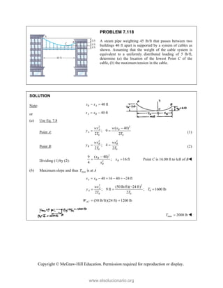 Copyright © McGraw-Hill Education. Permission required for reproduction or display.
PROBLEM 7.118
A steam pipe weighting 45 lb/ft that passes between two
buildings 40 ft apart is supported by a system of cables as
shown. Assuming that the weight of the cable system is
equivalent to a uniformly distributed loading of 5 lb/ft,
determine (a) the location of the lowest Point C of the
cable, (b) the maximum tension in the cable.
SOLUTION
Note: 40 ft
B A
x x
 
or 40 ft
A B
x x
 
(a) Use Eq. 7.8
Point A:
2 2
0 0
( 40)
; 9
2 2
A B
A
wx w x
y
T T

  (1)
Point B:
2 2
0 0
; 4
2 2
B B
B
wx wx
y
T T
  (2)
Dividing (1) by (2):
2
2
( 40)
9
; 16 ft
4
B
B
B
x
x
x

  Point C is 16.00 ft to left of B
(b) Maximum slope and thus max
T is at A
40 16 40 24 ft
A B
x x
     
2 2
0
0 0
(50 lb/ft)( 24 ft)
; 9 ft ; 1600 lb
2 2
A
A
wx
y T
T T

  
(50 lb/ft)(24 ft) 1200 lb
AC
W  
max 2000 lb
T  
www.elsolucionario.org
 