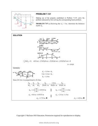 Copyright © McGraw-Hill Education. Permission required for reproduction or display.
PROBLEM 7.121
Making use of the property established in Problem 7.119, solve the
problem indicated by first solving the corresponding beam problem.
PROBLEM 7.97 (a) Knowing that 3 m,
C
d  determine the distances
dBand D
d .
SOLUTION
0: (10 m) (5 kN)(8 m) (5 kN)(6 m) (10 kN)(3 m) 0
B
M A
     
10 kN
A 
Geometry:
1.6 m
3 m 1.6 m
1.4 m
C C
C
C
d h
h
h
 
 

Since MT0h, h is proportional to M, thus
1.4 m
;
20 kN m 30 kN m 30 kN m
C
B D B D
B C D
h
h h h h
M M M
   
  
20
1.4 0.9333 m
30
B
h
 
 
 
 
30
1.4 1.4 m
30
D
h
 
 
 
 
0.8 m 0.9333 m
B
d   2.8 m 1.4 m
D
d  
1.733 m
B
d   4.20 m
D
d  
www.elsolucionario.org
 