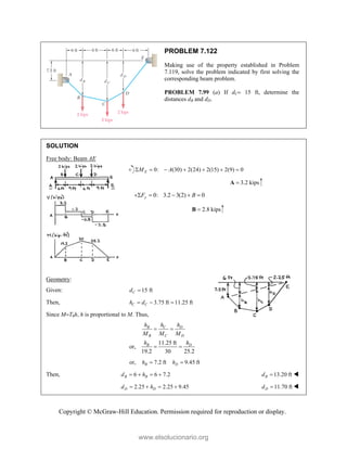 Copyright © McGraw-Hill Education. Permission required for reproduction or display.
PROBLEM 7.122
Making use of the property established in Problem
7.119, solve the problem indicated by first solving the
corresponding beam problem.
PROBLEM 7.99 (a) If dC 15 ft, determine the
distances dB and dD.
SOLUTION
Free body: Beam AE
0: (30) 2(24) 2(15) 2(9) 0
E
M A
      
3.2 kips

A
0: 3.2 3(2) 0
y
F B
    
2.8 kips

B
Geometry:
Given: 15 ft
C
d 
Then, 3.75 ft 11.25 ft
C C
h d
  
Since MT0h, h is proportional to M. Thus,
11.25 ft
or,
19.2 30 25.2
C
B D
B C D
B D
h
h h
M M M
h h
 
 
or, 7.2 ft 9.45 ft
B D
h h
 
Then, 6 6 7.2
B B
d h
    13.20 ft
B
d  
2.25 2.25 9.45
D D
d h
    11.70 ft
D
d  
www.elsolucionario.org
 