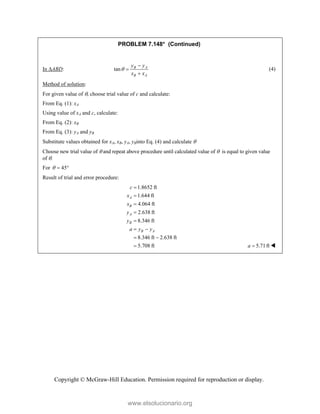 Copyright © McGraw-Hill Education. Permission required for reproduction or display.
PROBLEM 7.148* (Continued)
In ABD: tan B A
B A
y y
x x




(4)
Method of solution:
For given value of , choose trial value of c and calculate:
From Eq. (1): xA
Using value of xA and c