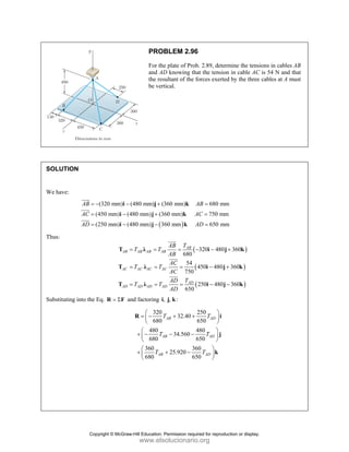 PROBLEM 2.96
For the plate of Prob. 2.89, determine the tensions in cables AB
and AD knowing that the tension in cable AC is 54 N and that
the resultant of the forces exerted by the three cables at A must
be vertical.
SOLUTION
We have:
( )
(320 mm) (480 mm) (360 mm) 680 mm
(450 mm) (480 mm) (360 mm) 750 mm
(250 mm) (480 mm) 360 mm 650 mm
AB AB
AC AC
AD AD
= − − + =
= − + =
= − − =
i j k
i j k
i j k
JJJ
G
JJJG
JJJG
Thus:
( )
( )
( )
320 480 360
680
54
450 480 360
750
250 480 360
650
AB
AB AB AB AB
AC AC AC AC
AD
AD AD AD AD
T
AB
T T
AB
AC
T T
AC
T
AD
T T
AD
= = = − − +
= = = − +
= = = − −
T λ i j k
T λ i j k
T λ i j k
JJJ
G
JJJG
JJJG
Substituting into the Eq. = Σ
R F and factoring , , :
i j k
320 250
32.40
680 650
480 480
34.560
680 650
360 360
25.920
680 650
AB AD
AB AD
AB AD
T T
T T
T T
⎛ ⎞
= − + +
⎜ ⎟
⎝ ⎠
⎛ ⎞
+ − − −
⎜ ⎟
⎝ ⎠
⎛ ⎞
+ + −
⎜ ⎟
⎝ ⎠
R i
j
k
Copyright © McGraw-Hill Education. Permission required for reproduction or display.
www.elsolucionario.org
 
