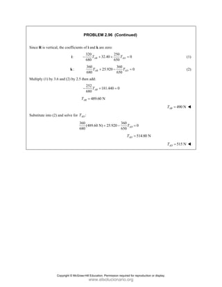 PROBLEM 2.96 (Continued)
Since R is vertical, the coefficients of i and k are zero:
:
i
320 250
32.40 0
680 650
AB AD
T T
− + + = (1)
:
k
360 360
25.920 0
680 650
AB AD
T T
+ − = (2)
Multiply (1) by 3.6 and (2) by 2.5 then add:
252
181.440 0
680
AB
T
− + =
489.60 N
AB
T =
490 N
AB
T =
Substitute into (2) and solve for :
AD
T
360 360
(489.60 N) 25.920 0
680 650
AD
T
+ − =
514.80 N
AD
T =
515 N
AD
T =
Copyright © McGraw-Hill Education. Permission required for reproduction or display.
www.elsolucionario.org
 