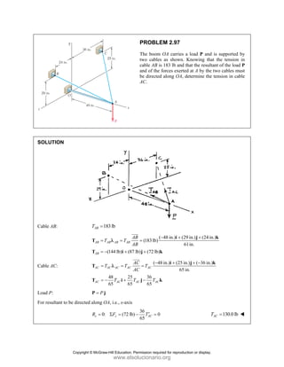 PROBLEM 2.97
The boom OA carries a load P and is supported by
two cables as shown. Knowing that the tension in
cable AB is 183 lb and that the resultant of the load P
and of the forces exerted at A by the two cables must
be directed along OA, determine the tension in cable
AC.
SOLUTION
Cable AB: 183lb
AB
T =
( 48 in.) (29 in.) (24 in.)
(183 lb)
61in.
(144 lb) (87 lb) (72 lb)
AB AB AB AB
AB
AB
T T
AB
− + +
= = =
= − + +
i j k
T
T i j k
JJJ
G
λ
Cable AC:
( 48 in.) (25 in.) ( 36 in.)
65 in.
48 25 36
65 65 65
AC AC AC AC AC
AC AC AC AC
AC
T T T
AC
T T T
− + + −
= = =
= − + −
i j k
T
T i j k
JJJG
λ
Load P: P
=
P j
For resultant to be directed along OA, i.e., x-axis
36
0: (72 lb) 0
65
z z AC
R F T′
= Σ = − = 130.0 lb
AC
T =
Copyright © McGraw-Hill Education. Permission required for reproduction or display.
www.elsolucionario.org
 