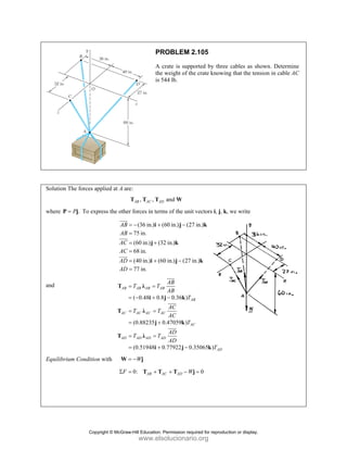 Solution
where P
and
Equilibr
n The forces ap
.
P
=
P j To exp
rium Condition
pplied at A are
press the other
AB
AB
AC
AC
AD
AD
=
=
=
=
=
=
JJJ
G
JJJG
JJJG
AB
AC
AD
=
=
=
=
=
=
T
T
T
n with =
W
F
Σ =
PR
A
the
is 5
e:
, ,
AB AC AD
T T T
r forces in term
(36 in.)
75 in.
(60 in.) (3
68 in.
(40 in.) (6
77 in.
= − +
=
= +
=
= +
=
i
j
i
( 0.48 0.8
(0.88235
(0.51948
AB AB A
AC AC A
AD AD A
T T
T T
T T
= =
= − +
= =
= +
= =
= +
λ
i
λ
j
λ
i
W
= − j
0: AB A
= +
T T
ROBLEM 2
crate is suppo
e weight of the
544 lb.
and
D W
ms of the unit
(60 in.) (27
32 in.)
60 in.) (27 in
−
−
j
k
j
8 0.36 )
0.47059 )
0.77922 0.3
B
AB
AC
AC
AD
AB
AB
T
AC
AC
T
AD
AD
−
−
j k
k
j
JJJ
G
JJJG
JJJG
AC AD W
+ −
T j
2.105
orted by three
e crate knowin
vectors i, j, k
in.)
n.)
k
k
35065 )
B
C
AD
T
k
0
=
e cables as sh
ng that the ten
, we write
hown. Determ
nsion in cable A
ine
AC
Copyright © McGraw-Hill Education. Permission required for reproduction or display.
www.elsolucionario.org
 