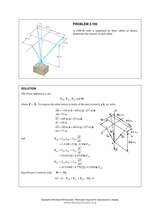 SOLUT
The forc
where P
and
Equilibr
TION
ces applied at A
.
P
=
P j To exp
rium Condition
A are:
press the other
AB
AB
AC
AC
AD
AD
=
=
=
=
=
=
JJJ
G
JJJG
JJJG
AB
AC
AD
=
=
=
=
=
=
T
T
T
n with =
W
F
Σ =
P
A
D
, ,
AB AC AD
T T T
r forces in term
(36 in.)
75 in.
(60 in.) (3
68 in.
(40 in.) (6
77 in.
= − +
=
= +
=
= +
=
i
j
i
( 0.48 0.8
(0.88235
(0.51948
AB AB A
AC AC A
AD AD A
T T
T T
T T
= =
= − +
= =
= +
= =
= +
λ
i
λ
j
λ
i
W
= − j
0: AB A
= +
T T
PROBLEM 2
A 1600-lb crat
etermine the t
and
D W
ms of the unit
(60 in.) (27
32 in.)
60 in.) (27 in
−
−
j
k
j
8 0.36 )
0.47059 )
0.77922 0.3
B
AB
AC
AC
AD
AB
AB
T
AC
AC
T
AD
AD
−
−
j k
k
j
JJJ
G
JJJG
JJJG
AC AD W
+ −
T j
2.106
te is supporte
tension in each
vectors i, j, k
in.)
n.)
k
k
35065 )
B
C
AD
T
k
0
=
ed by three c
h cable.
, we write
ables as show
wn.
Copyright © McGraw-Hill Education. Permission required for reproduction or display.
www.elsolucionario.org
 