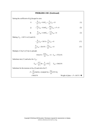 PROBLEM 2.109 (Continued)
Setting the coefficient of i, j, k equal to zero:
:
i
8 5
0.6 0
17 13
AB AC AD
T T T
− + + = (1)
:
j
12 9.6
0.64 0
7 13
AB AC AD
T T T P
− − − + = (2)
:
k
9 7.2
0.48 0
17 13
AB AC AD
T T T
+ − = (3)
Making 60 N
AC
T = in (1) and (3):
8 5
36 N 0
17 13
AB AD
T T
− + + = (1′)
9 7.2
28.8 N 0
17 13
AB AD
T T
+ − = (3′)
Multiply (1′) by 9, (3′) by 8, and add:
12.6
554.4 N 0 572.0 N
13
AD AD
T T
− = =
Substitute into (1′) and solve for :
AB
T
17 5
36 572 544.0 N
8 13
AB AB
T T
⎛ ⎞
= + × =
⎜ ⎟
⎝ ⎠
Substitute for the tensions in Eq. (2) and solve for P:
12 9.6
(544 N) 0.64(60 N) (572 N)
17 13
844.8 N
P = + +
= Weight of plate 845 N
P
= =
Copyright © McGraw-Hill Education. Permission required for reproduction or display.
www.elsolucionario.org
 