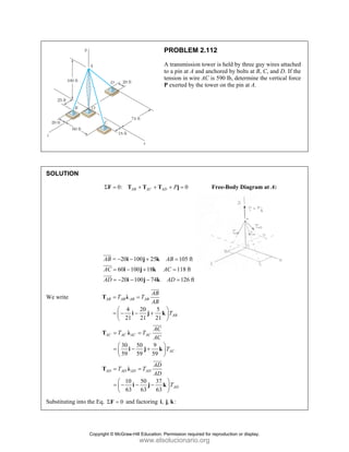 PROBLEM 2.112
A transmission tower is held by three guy wires attached
to a pin at A and anchored by bolts at B, C, and D. If the
tension in wire AC is 590 lb, determine the vertical force
P exerted by the tower on the pin at A.
SOLUTION
0: 0
AB AC AD P
Σ = + + + =
F T T T j Free-Body Diagram at A:
= 20 100 25 105 ft
60 100 18 118 ft
20 100 74 126 ft
AB AB
AC AC
AD AD
− − + =
= − + =
= − − − =
i j k
i j k
i j k
JJJ
G
JJJG
JJJG
We write
4 20 5
21 21 21
AB AB AB AB
AB
AB
T T
AB
T
= =
⎛ ⎞
= − − +
⎜ ⎟
⎝ ⎠
T λ
i j k
JJJ
G
30 50 9
59 59 59
AC AC AC AC
AC
AC
T T
AC
T
= =
⎛ ⎞
= − +
⎜ ⎟
⎝ ⎠
T λ
i j k
JJJG
10 50 37
63 63 63
AD AD AD AD
AD
AD
T T
AD
T
= =
⎛ ⎞
= − − −
⎜ ⎟
⎝ ⎠
T λ
i j k
JJJG
Substituting into the Eq. 0
Σ =
F and factoring , , :
i j k
Copyright © McGraw-Hill Education. Permission required for reproduction or display.
www.elsolucionario.org
 