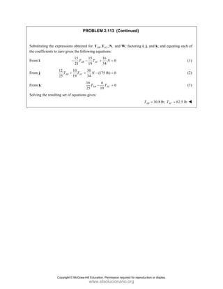 PROBLEM 2.113 (Continued)
Substituting the expressions obtained for , , ,
AB AC
T T N and W; factoring i, j, and k; and equating each of
the coefficients to zero gives the following equations:
From i:
15 15 16
0
25 19 34
AB AC
T T N
− − + = (1)
From j:
12 10 30
(175 lb) 0
25 19 34
AB AC
T T N
+ + − = (2)
From k:
16 6
0
25 19
AB AC
T T
− = (3)
Solving the resulting set of equations gives:
30.8 lb; 62.5 lb
AB AC
T T
= =
Copyright © McGraw-Hill Education. Permission required for reproduction or display.
www.elsolucionario.org
 