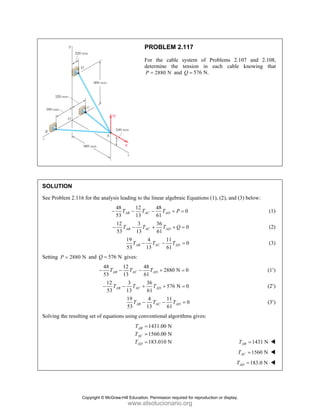 PROBLEM 2.117
For the cable system of Problems 2.107 and 2.108,
determine the tension in each cable knowing that
2880 N
P = and 576 N.
Q =
SOLUTION
See Problem 2.116 for the analysis leading to the linear algebraic Equations (1), (2), and (3) below:
48 12 48
0
53 13 61
AB AC AD
T T T P
− − − + = (1)
12 3 36
0
53 13 61
AB AC AD
T T T Q
− − + + = (2)
19 4 11
0
53 13 61
AB AC AD
T T T
− − = (3)
Setting 2880 N
P = and 576 N
Q = gives:
48 12 48
2880 N 0
53 13 61
AB AC AD
T T T
− − − + = (1′)
12 3 36
576 N 0
53 13 61
AB AC AD
T T T
− − + + = (2′)
19 4 11
0
53 13 61
AB AC AD
T T T
− − = (3′)
Solving the resulting set of equations using conventional algorithms gives:
1431.00 N
1560.00 N
183.010 N
AB
AC
AD
T
T
T
=
=
= 1431 N
AB
T =
1560 N
AC
T =
183.0 N
AD
T =
Copyright © McGraw-Hill Education. Permission required for reproduction or display.
www.elsolucionario.org
 
