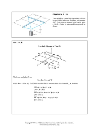 PROBLEM 2.120
Three wires are connected at point D, which is
located 18 in. below the T-shaped pipe support
ABC. Determine the tension in each wire when
a 180-lb cylinder is suspended from point D as
shown.
SOLUTION
Free-Body Diagram of Point D:
The forces applied at D are:
, , and
DA DB DC
T T T W
where 180.0 lb .
= −
W j To express the other forces in terms of the unit vectors i, j, k, we write
(18 in.) (22 in.)
28.425 in.
(24 in.) (18 in.) (16 in.)
34.0 in.
(24 in.) (18 in.) (16 in.)
34.0 in.
DA
DA
DB
DB
DC
DC
= +
=
= − + −
=
= + −
=
j k
i j k
i j k
JJJ
G
JJJ
G
JJJG
Copyright © McGraw-Hill Education. Permission required for reproduction or display.
www.elsolucionario.org
 