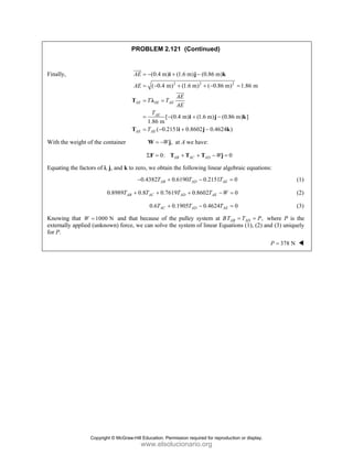PROBLEM 2.121 (Continued)
Finally,
2 2 2
(0.4 m) (1.6 m) (0.86 m)
( 0.4 m) (1.6 m) ( 0.86 m) 1.86 m
[ (0.4 m) (1.6 m) (0.86 m) ]
1.86 m
( 0.2151 0.8602 0.4624 )
AE AE AE
AE
AE AE
AE
AE
AE
T T
AE
T
T
= − + −
= − + + − =
= =
= − + −
= − + −
i j k
T λ
i j k
T i j k
JJJ
G
JJJ
G
With the weight of the container ,
W
= −
W j at A we have:
0: 0
AB AC AD W
Σ = + + − =
F T T T j
Equating the factors of i, j, and k to zero, we obtain the following linear algebraic equations:
0.4382 0.6190 0.2151 0
AB AD AE
T T T
− + − = (1)
0.8989 0.8 0.7619 0.8602 0
AB AC AD AE
T T T T W
+ + + − = (2)
0.6 0.1905 0.4624 0
AC AD AE
T T T
+ − = (3)
Knowing that 1000 N
W = and that because of the pulley system at B ,
AB AD
T T P
= = where P is the
externally applied (unknown) force, we can solve the system of linear Equations (1), (2) and (3) uniquely
for P.
378 N
P =
Copyright © McGraw-Hill Education. Permission required for reproduction or display.
www.elsolucionario.org
 