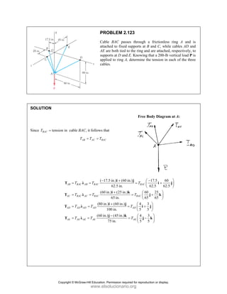 PROBLEM 2.123
Cable BAC passes through a frictionless ring A and is
attached to fixed supports at B and C, while cables AD and
AE are both tied to the ring and are attached, respectively, to
supports at D and E. Knowing that a 200-lb vertical load P is
applied to ring A, determine the tension in each of the three
cables.
SOLUTION
Free Body Diagram at A:
Since tension in
BAC
T = cable BAC, it follows that
AB AC BAC
T T T
= =
( 17.5 in.) (60 in.) 17.5 60
62.5 in. 62.5 62.5
(60 in.) (25 in.) 60 25
65 in. 65 65
(80 in.) (60 in.) 4 3
100 in. 5 5
AB BAC AB BAC BAC
AC BAC AC BAC BAC
AD AD AD AD AD
AE AE AE AE
T T T
T T T
T T T
T T
− + −
⎛ ⎞
= = = +
⎜ ⎟
⎝ ⎠
+ ⎛ ⎞
= = = +
⎜ ⎟
⎝ ⎠
+ ⎛ ⎞
= = = +
⎜ ⎟
⎝ ⎠
= =
i j
T λ i j
i k
T λ j k
i j
T λ i j
T λ
(60 in.) (45 in.) 4 3
75 in. 5 5
AE
T
− ⎛ ⎞
= −
⎜ ⎟
⎝ ⎠
j k
j k
Copyright © McGraw-Hill Education. Permission required for reproduction or display.
www.elsolucionario.org
 