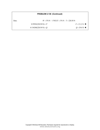 PROBLEM 2.136 (Continued)
Data: 376 N 1.70521 376 N 220.50 N
W T T
= = =
0.59501(220.50 N) P
= 131.2 N
P =
0.134240(220.50 N) Q
= 29.6 N
Q =
Copyright © McGraw-Hill Education. Permission required for reproduction or display.
www.elsolucionario.org
 