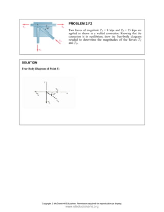 PROBLEM 2.F2
Two forces of magnitude TA = 8 kips and TB = 15 kips are
applied as shown to a welded connection. Knowing that the
connection is in equilibrium, draw the free-body diagram
needed to determine the magnitudes of the forces TC
and TD.
SOLUTION
Free-Body Diagram of Point E:
Copyright © McGraw-Hill Education. Permission required for reproduction or display.
www.elsolucionario.org
 