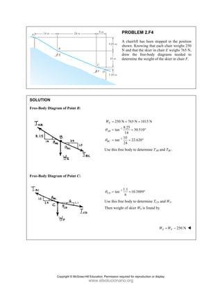 SOLUT
Free-Bo
Free-Bo
TION
ody Diagram
ody Diagram
of Point B:
of Point C:
P
A
sh
N
dr
de
1
1
250 N
8
tan
1
tan
2
E
AB
BC
W
θ
θ
−
−
=
=
=
Use this free
1 1
tan
CD
θ −
=
Use this free
Then weight
PROBLEM 2
A chairlift has
hown. Knowin
N and that the s
raw the free
etermine the w
765 N 101
8.25
30.510
14
10
22.620
24
+ =
= °
= °
body to determ
1.1
10.3889
6
= °
body to determ
of skier WS is
2.F4
been stopped
ng that each c
skier in chair E
e-body diagra
weight of the s
15 N
°
mine TAB and
mine TCD and
found by
S
W =
d in the positi
chair weighs 2
E weighs 765
ams needed
skier in chair F
TBC.
WF.
250 N
F
W
= −
ion
250
N,
to
F.
Copyright © McGraw-Hill Education. Permission required for reproduction or display.
www.elsolucionario.org
 