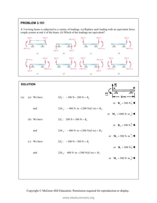 Copyright © McGraw-Hill Education. Permission required for reproduction or display.
PROBLEM 3.101
A 3-m-long beam is subjected to a variety of loadings. (a) Replace each loading with an equivalent force-
couple system at end A of the beam. (b) Which of the loadings are equivalent?
SOLUTION
(a) (a) We have : 300 N 200 N
Y a
F R
   
or 500 N
a 
R 
and : 400 N m (200 N)(3 m)
A a
M M
    
or 1000 N m
a  
M 
(b) We have : 200 N 300 N
Y b
F R
  
or 500 N
b 
R 
and : 400 N m (300 N)(3 m)
A b
M M
    
or 500 N m
b  
M 
(c) We have : 200 N 300 N
Y c
F R
   
or 500 N
c 
R 
and : 400 N m (300 N)(3 m)
A c
M M
   
or 500 N m
c  
M 
www.elsolucionario.org
 