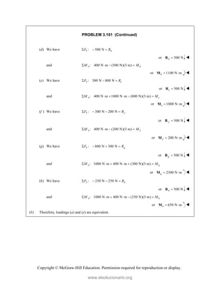Copyright © McGraw-Hill Education. Permission required for reproduction or display.
PROBLEM 3.101 (Continued)
(d) We have : 500 N
Y d
F R
  
or 500 N
d 
R 
and : 400 N m (500 N)(3 m)
A d
M M
   
or 1100 N m
d  
M 
(e) We have : 300 N 800 N
Y e
F R
  
or 500 N
e 
R 
and : 400 N m 1000 N m (800 N)(3 m)
A e
M M
     
or 1000 N m
e  
M 
(f ) We have : 300 N 200 N
Y f
F R
   
or 500 N
f 
R 
and : 400 N m (200 N)(3 m)
A f
M M
   
or 200 N m
f  
M 
(g) We have : 800 N 300 N
Y g
F R
   
or 500 N
g 
R 
and : 1000 N m 400 N m (300 N)(3 m)
A g
M M
     
or 2300 N m
g  
M 
(h) We have : 250 N 250 N
Y h
F R
   
or 500 N
h 
R 
and : 1000 N m 400 N m (250 N)(3 m)
A h
M M
     
or 650 N m
h  
M 
(b) Therefore, loadings (a) and (e) are equivalent.
www.elsolucionario.org
 