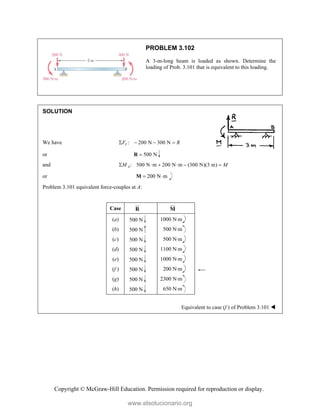 Copyright © McGraw-Hill Education. Permission required for reproduction or display.
PROBLEM 3.102
A 3-m-long beam is loaded as shown. Determine the
loading of Prob. 3.101 that is equivalent to this loading.
SOLUTION
We have : 200 N 300 N
Y
F R
   
or 500 N

R
and : 500 N m 200 N m (300 N)(3 m)
A
M M
     
or 200 N m
 
M
Problem 3.101 equivalent force-couples at A:
Case R

M


(a) 500 N 1000 Nm
(b) 500 N 500 Nm
(c) 500 N 500 Nm
(d) 500 N 1100 Nm
(e) 500 N 1000 Nm
(f ) 500 N 200 Nm
(g) 500 N 2300 Nm
(h) 500 N 650 Nm
Equivalent to case (f ) of Problem 3.101 
www.elsolucionario.org
 